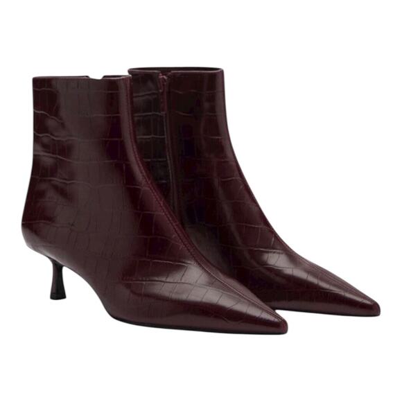 Mango Shoes - Mango Crocodile Kitten Heel Boots Burgundy 36 NWT